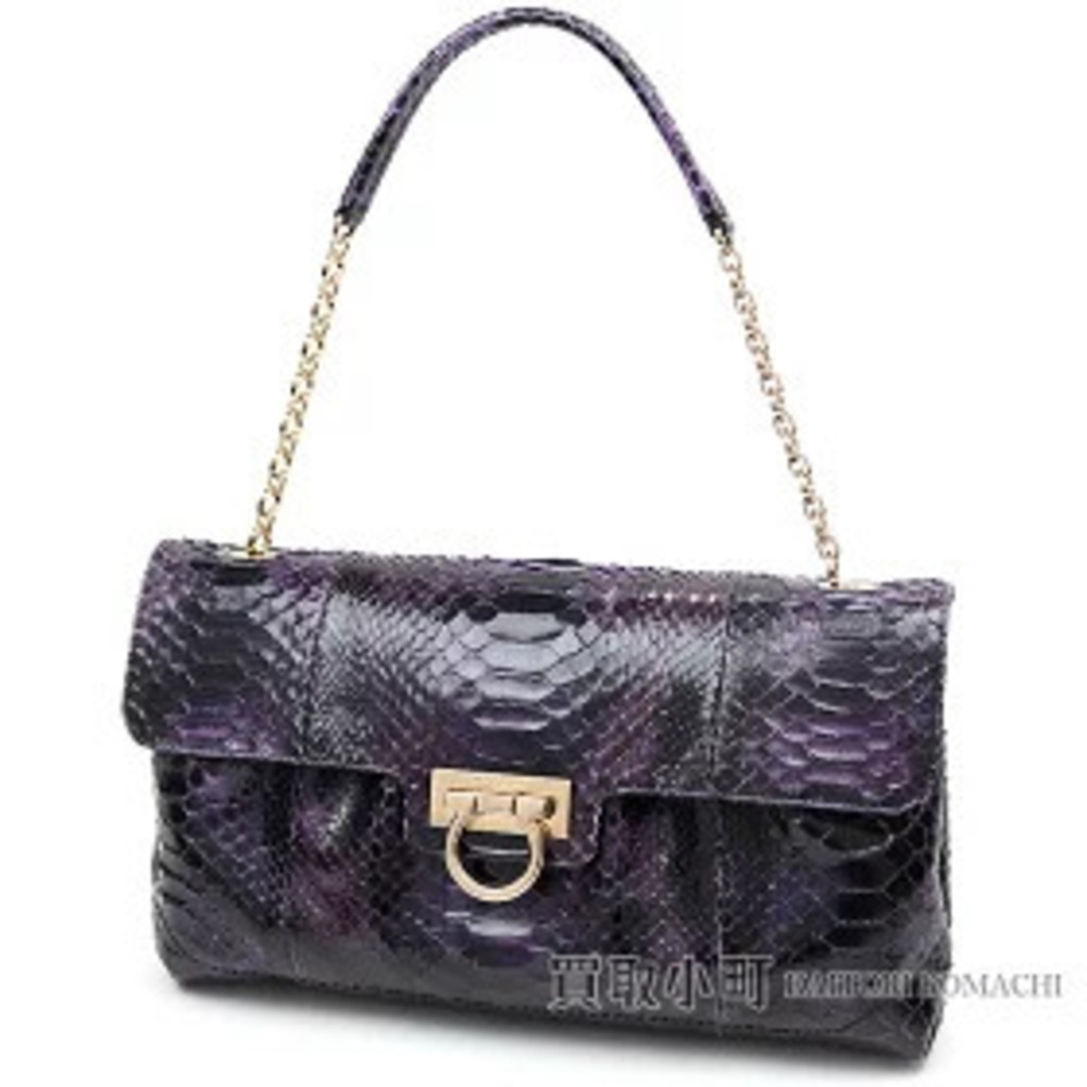 Salvatore Ferragamo Gancini Flap Shoulder Bag Python Purple Chain Shoulder Bag